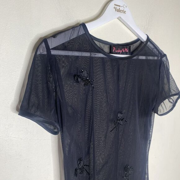 Pinky & Me Black Mesh Mini Dress 90s Y2k Sheer Beaded Size 4 - Picture 3 of 10